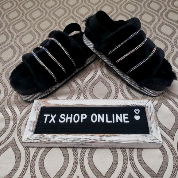 Unlisted Shoes - Faux fur platform rhinestone slides
